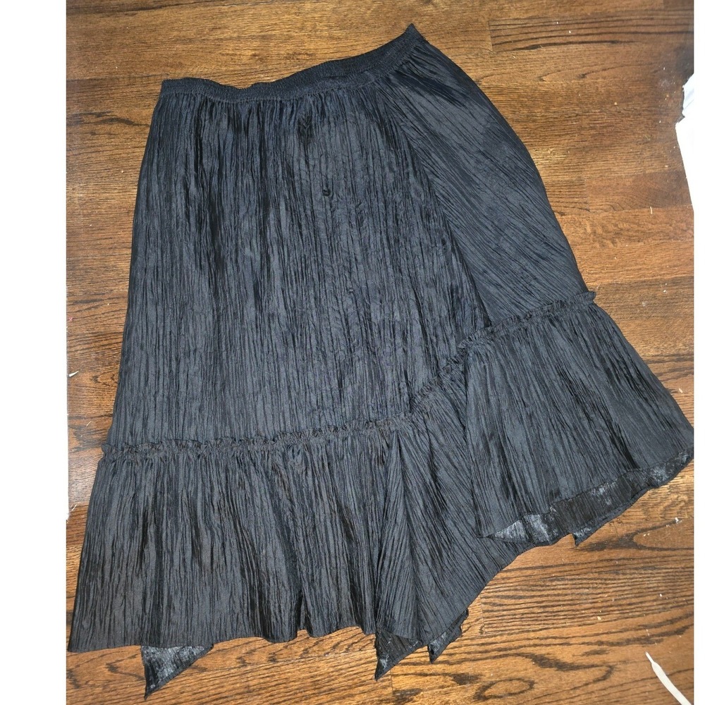 Madison Studio Boho/Whimsygoth SKT WMS 8 Black Crushed Asymmetrical Ruffle Midi